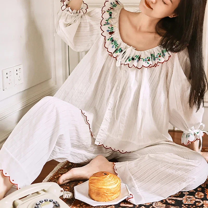 Women Spring Autumn Cotton Jacquard Embroidery Cute Sweet Girl Home Clothing Top Pants Two Piece Set Victorian Sleepwear