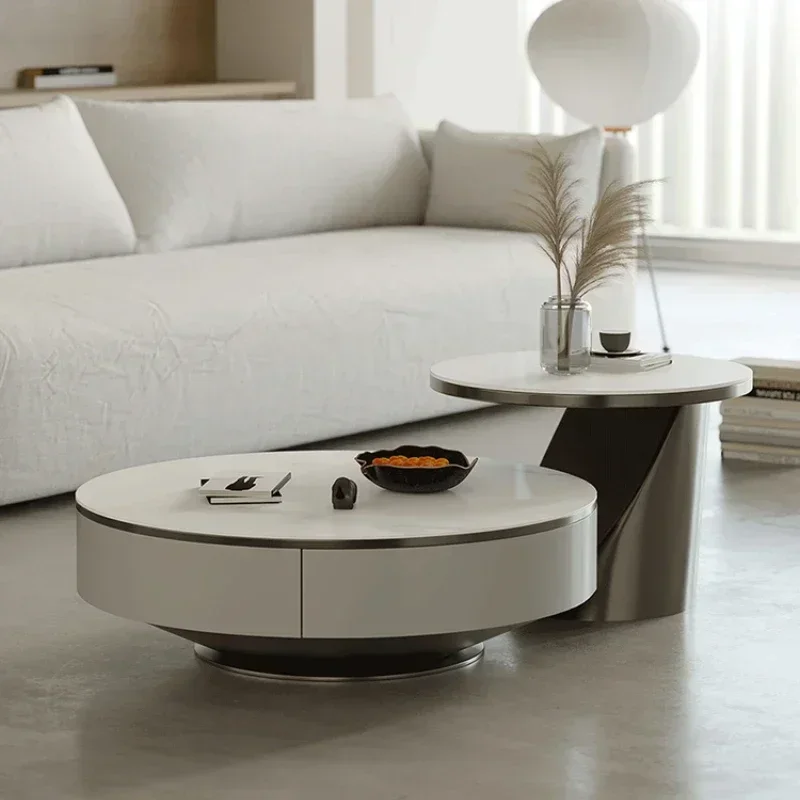 Stone Plate Coffee Table Size round Living Room Light Luxury Home Small Apartment Modern Simple Stainless Steel TV Cabinet