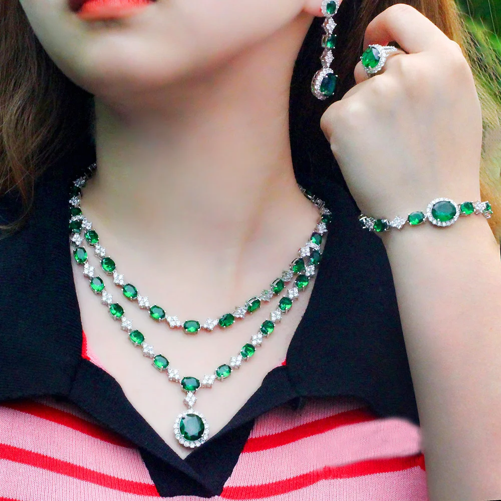 ThreeGraces 4pcs Luxury Green Zirconia Multi Layered Big Necklace Earrings Wedding Party Costume Jewelry Set for Women TZ673