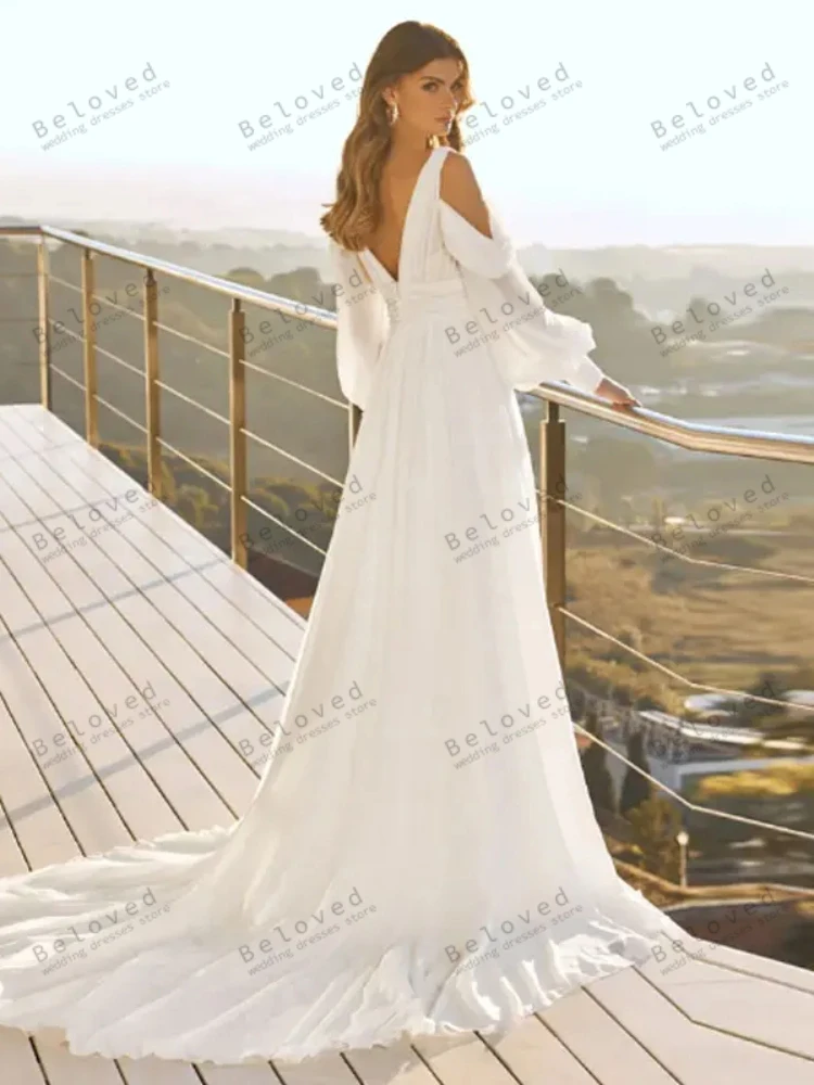 A Linha Vestidos De Noiva De Chiffon, Manga Longa Puff, Decote Em V Profundo, Fenda Alta, Sem Costas, Vestidos De Casamento Bohemia