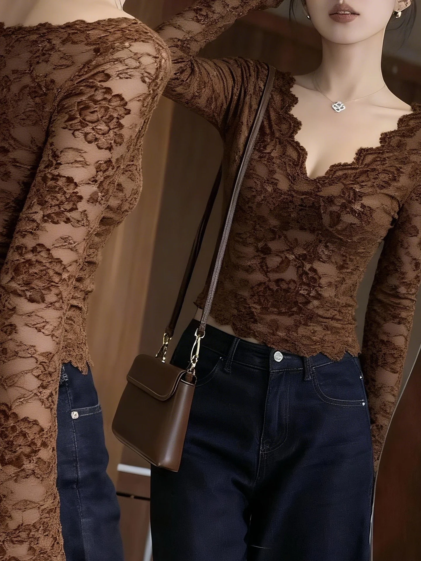 Sexy Hollow out Lace Slimming Short Sleeve Long Sleeve Fleece Lined Base Layer Lace Shirt Women Fashion Top V Neck Base Layer