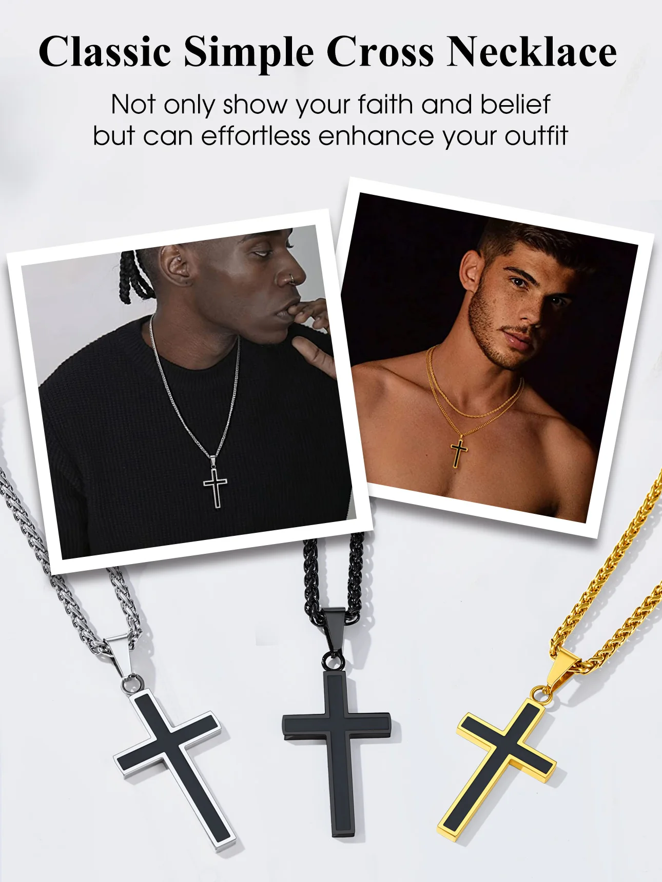 U7 Edelstahl-Kreuz-Halsketten für Männer und Frauen, schwarzer Emaille-Kreuz-Anhänger und 55,9 cm Weizen-Gliederkette, religiöser Schmuck, Geschenk