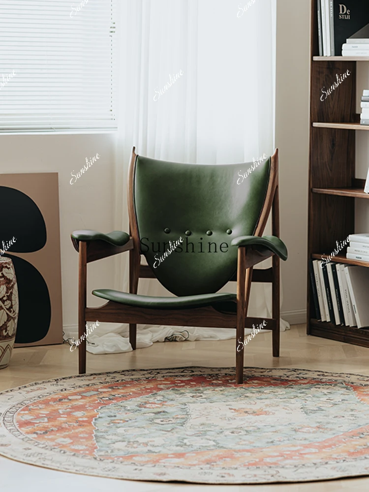 Jade green oil wax skin black walnut single sofa chair living room balcony leisure  FT