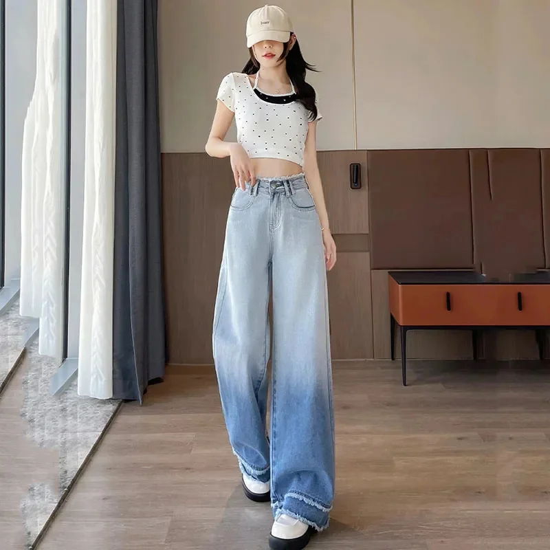 

2026 Новые широкие джинсы с высокой талией и градиентом синего цвета в стиле ретро, женские весенне-летние свободные универсальные повседневные ковбойские джинсовые брюки женские