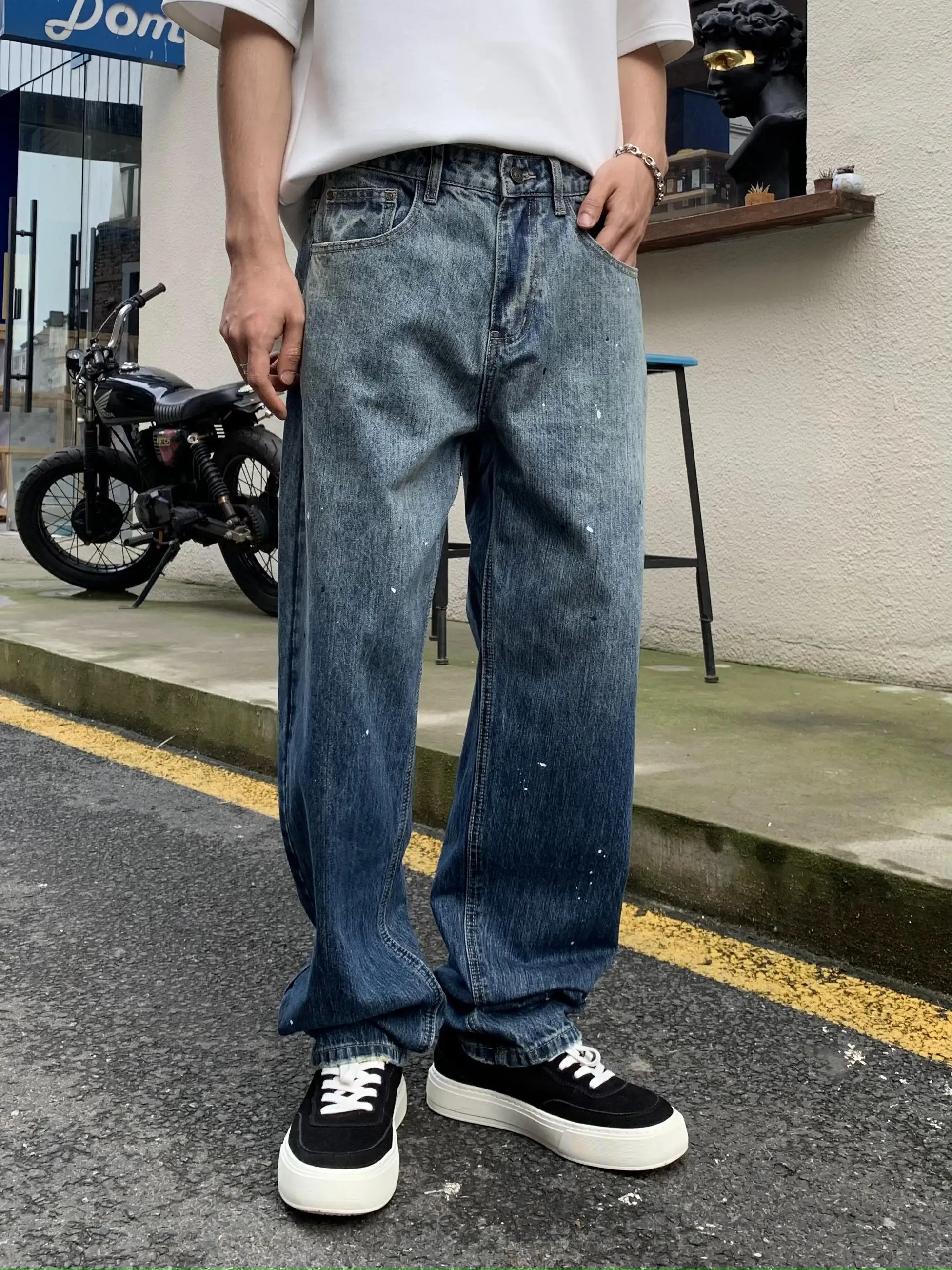 

Ретро-джинсы мужские в американском стиле, синие с градиентом и эффектом потертости, прямые, свободные, повседневные, молодежные, летние, из хлопкового денима