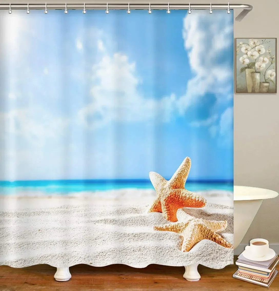 Beach Shower Curtain Starfish Shells Blue Sky Sand Ocean Landscape Polyester Hanging Curtains Bathroom Decoration Set with Hooks