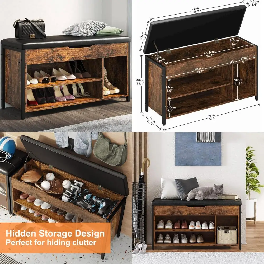 

Adjustable Metal and Wood Shoe Storage Bench with Cushion for Entryway, Lift Top Organizer, Enhanced Space-saving Shoe Rack