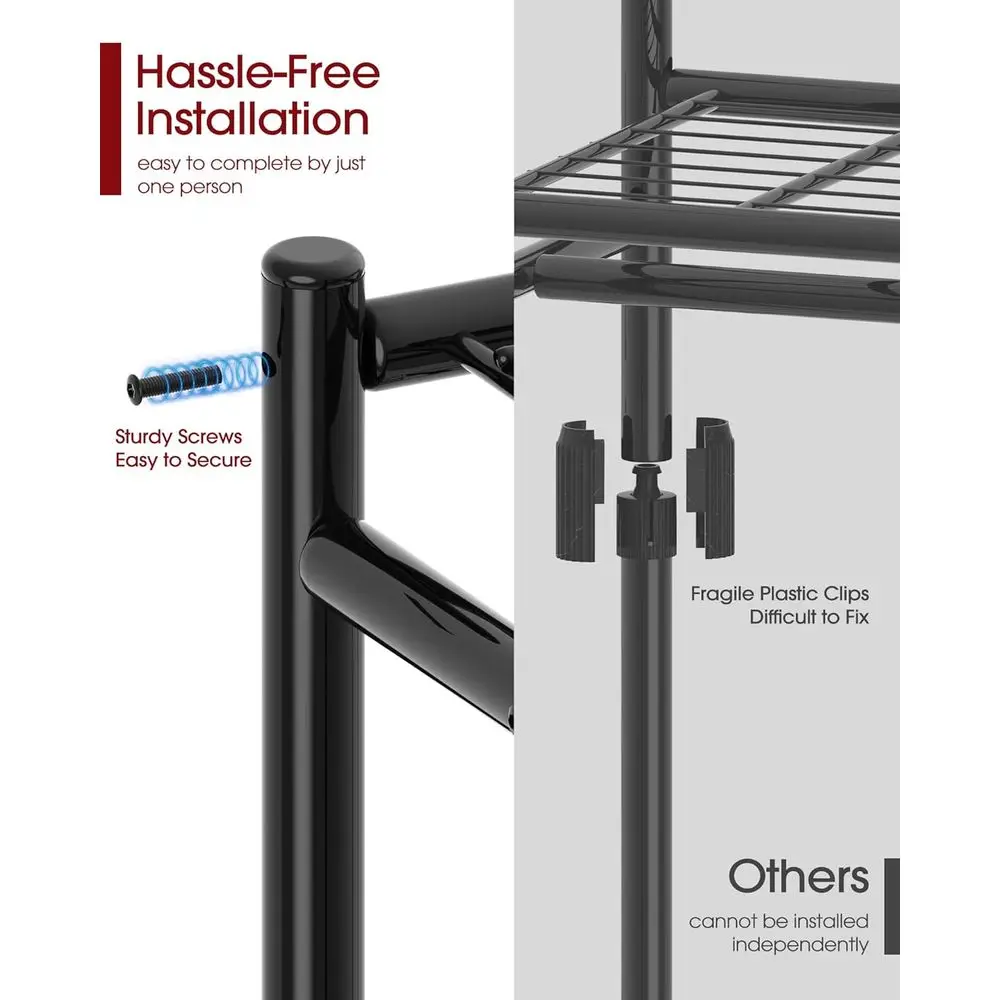 Rak Pakaian Logam Multi-Fungsi dengan Rak & Roda, 33x12.2x79.5, Lemari Kokoh untuk Kamar Tidur, Ruang Cuci, Balkon - Hitam