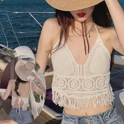 Sexy Boho Beach Holiday Camisole Halter Swimwear Women Knit Swimsuit Bra Backless Vest Hollow Tassel Tank Top Women's Crop Tops