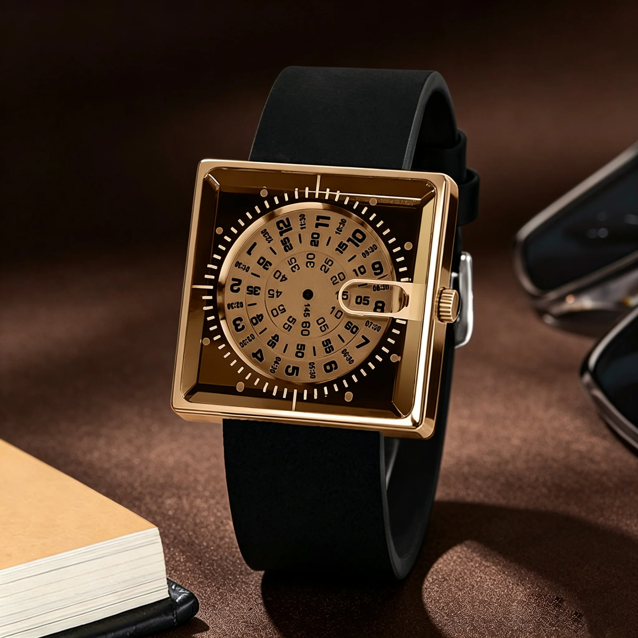 New Men's Creative Trendy Quartz Watch, Roulette Dial, Fashionable Casual Simple Student Watch, No Hands, Rubber Strap, Alloy Case, Suitable for Outdoor Casual Wear