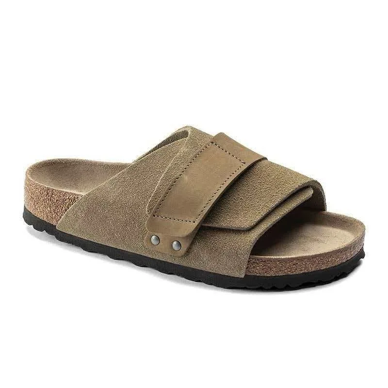 

Cow suede anti slip Velcro men's cork sole one-piece cool slippers are super comfortable to wear on the outside