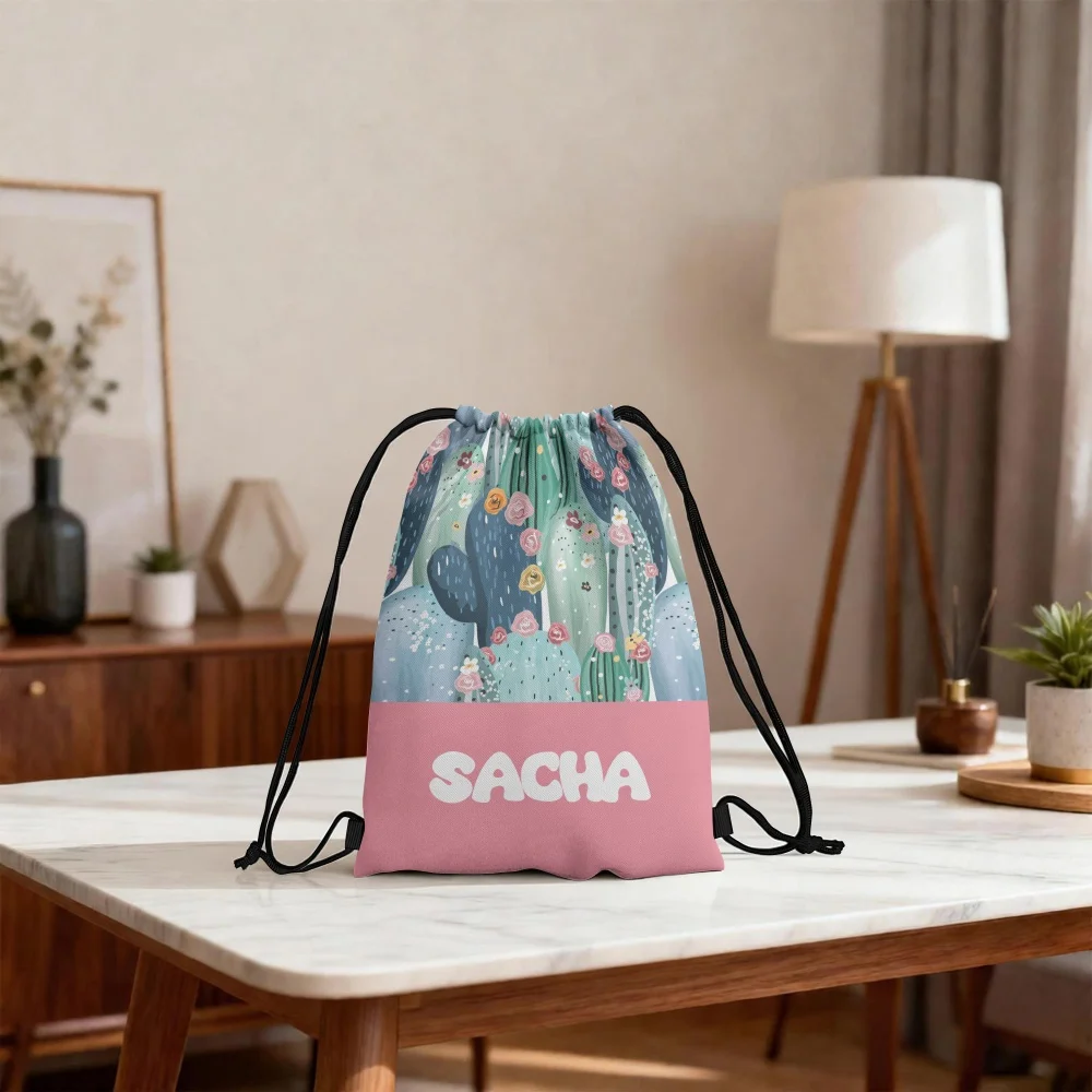 Custom Name Boho Cactus Floral Drawstring Backpack Personalized Sackpack Beach Outdoor Picnic Drawstring Gift Bag - view 4