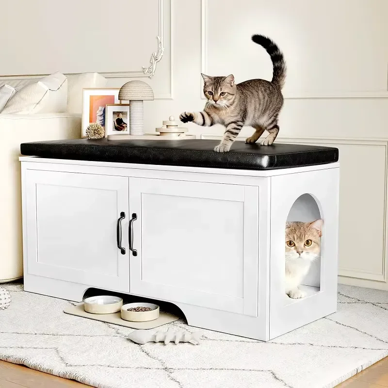 Modern Cat Box, Box Furniture with Removable Padded Seat Cushion, Cat Washroom Bench with Storage Cabinet