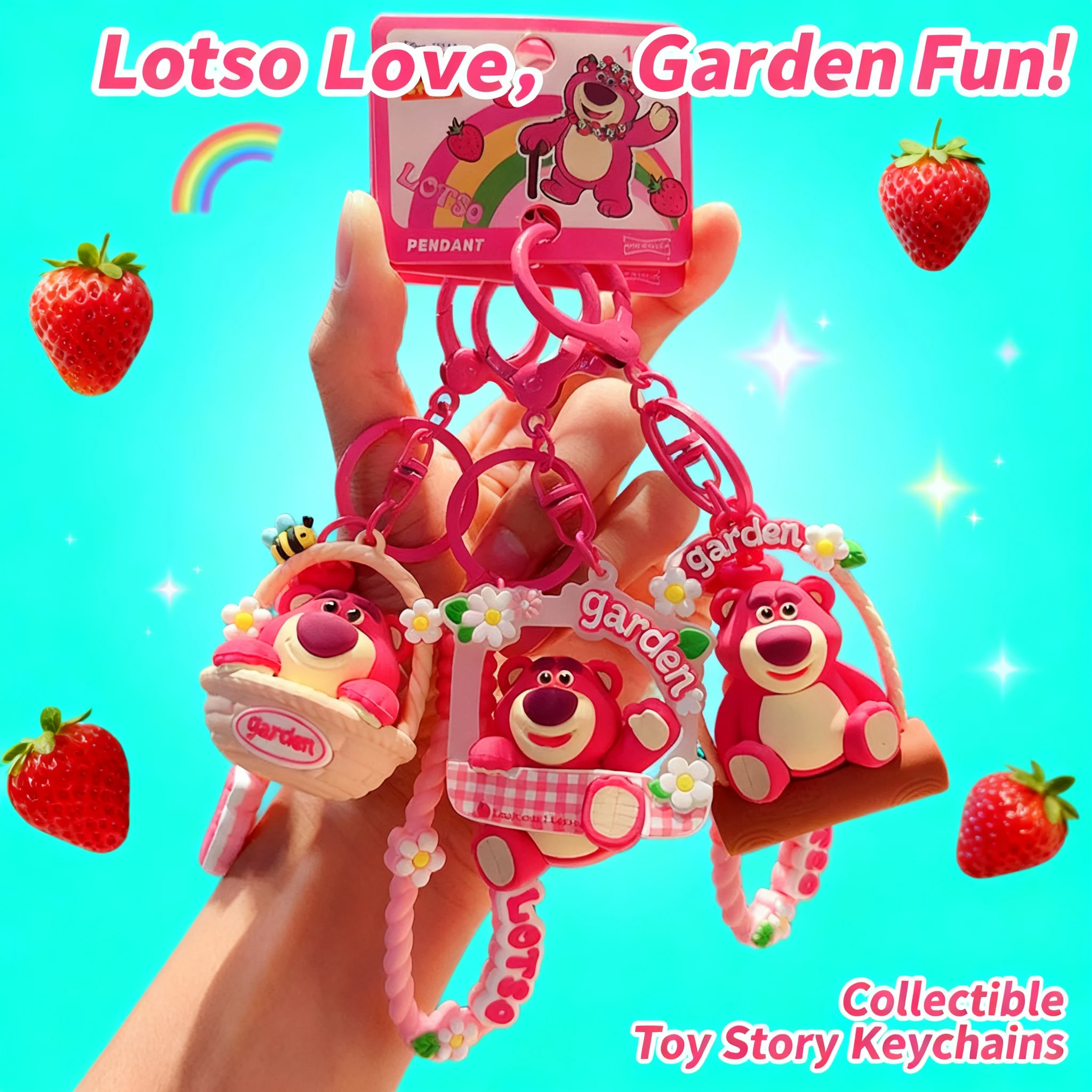 

New Creative Girls Heart Disney Stitch Strawberry Bear Garden Theme Keychain for Women Cute Bag Charm Pendant Accessories