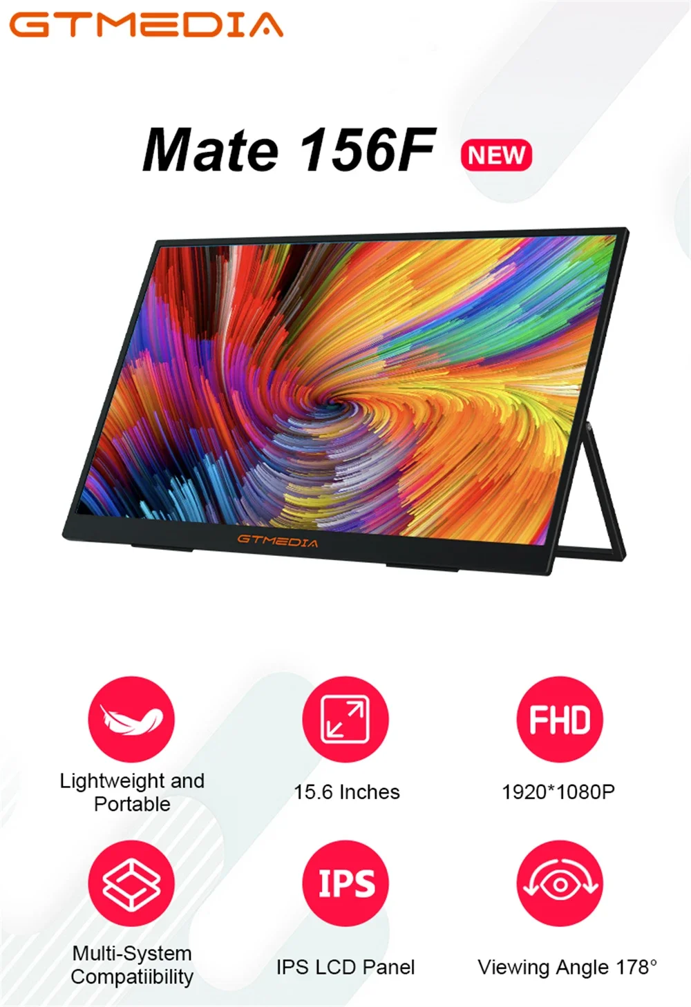 [Genuine]GTmedia Mate156F Games and Work Portable Monitor - 15.6'' IPS FHD Screen, 72% sRGB, Type-C and HDMI Compatibility