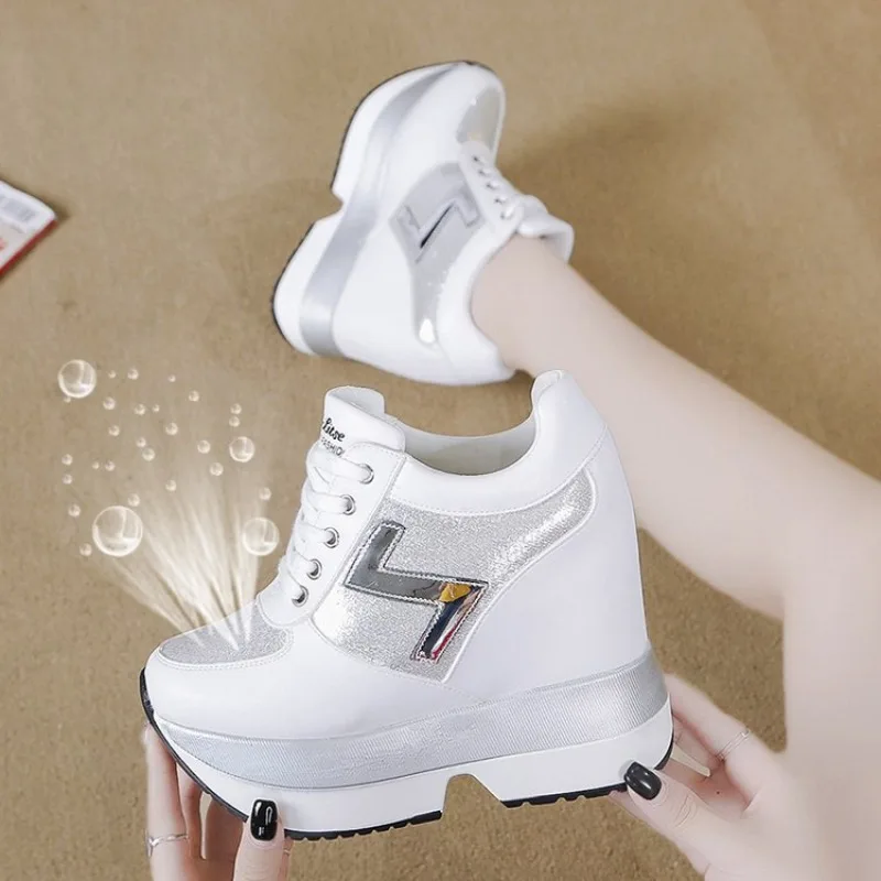 Comemore Wedge 10cm Thick Sole Tennis Sports Fashion White Sneakers Women\'s Platform Casual Shoes Height Increasi Leathe Shoe 34