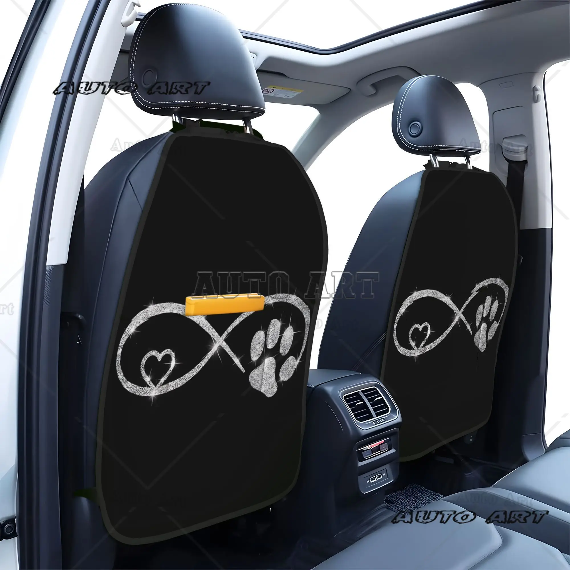 2pcs Glitter Heart Paw Print Infinity Symbol Car Back Seat Organizer Mats with Storage Pockets  Universal Fit for Most Vehicles view 2