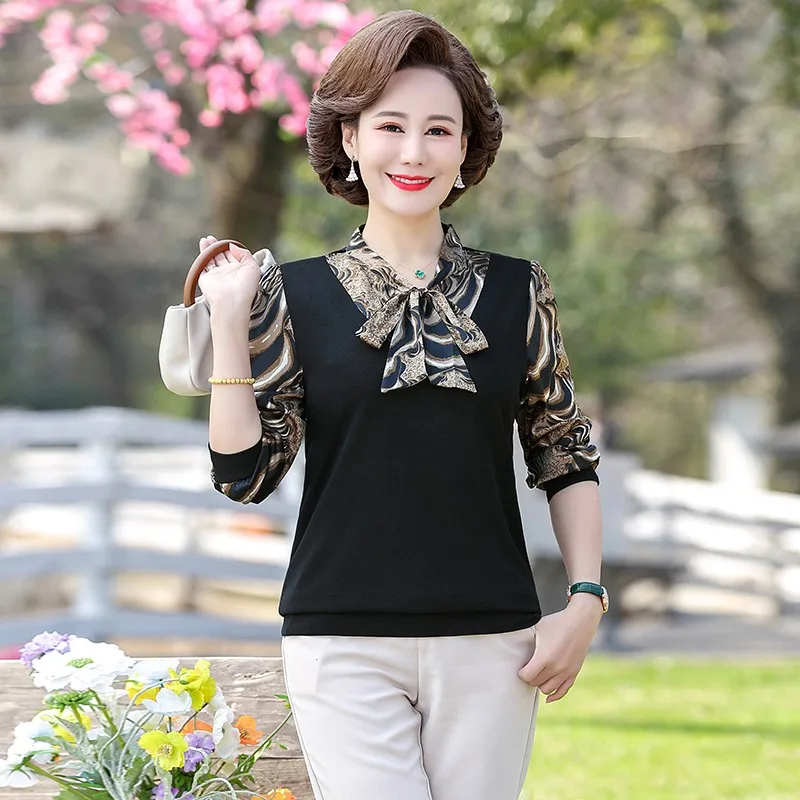 Female Clothing Printed Bowtie collar Shirt Bandage Spring Autumn New  Patchwork long sleeves Blouse