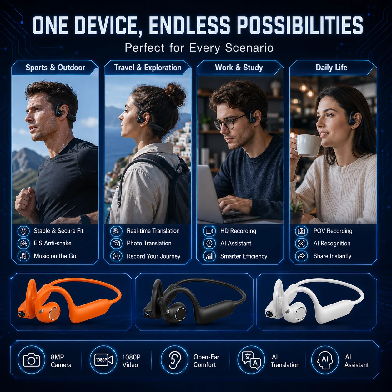 2026 AI Camera Headphones 8MP HD Photos 1080P Stabilized Video Real-Time Translation Voice Recording Bluetooth Calls Headphones view 6