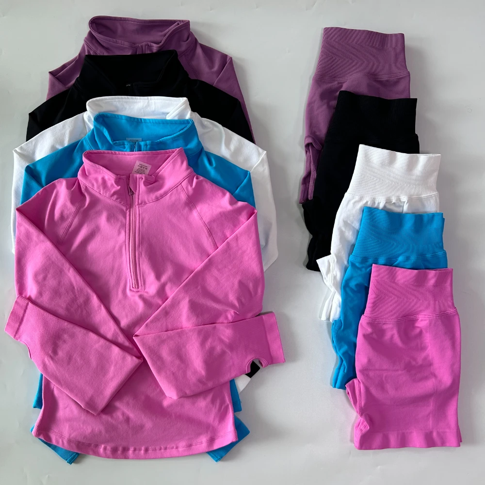 No Logo 2pcs Long Sleeve Yoga Set Women Half Zippy Jacket Longline Sports Top Gym Shorts Fitness Suits Running Coats Workout Set