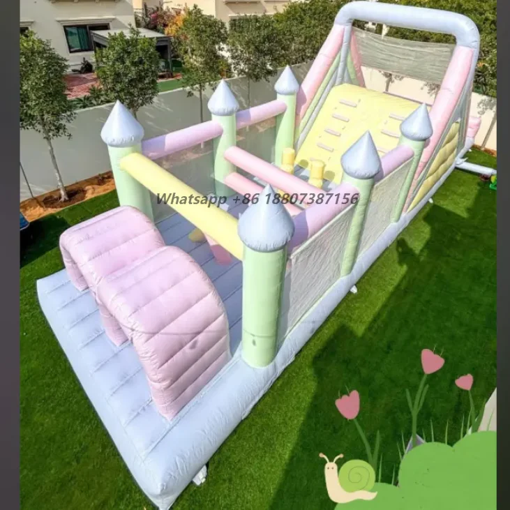 

Pastel Outdoor Water Play PVC White Inflatable Obstacle Course Bounce House With Slide for Party