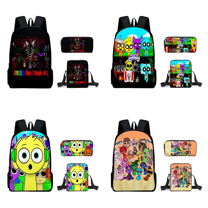 3pcs Set Kawaii Sprunki Child Cartoon School Backpack with Lunch Bags Pencil Bags School Bags for Boys Girls Best Gift