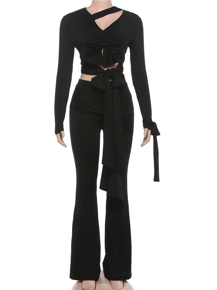 奇妙な猫柄イレギュラーノット2ピースセット レディース パッチワーク 長袖 ホロートップ+フレアパンツ セクシー タッセル ストレッチ クラブウェア オーバーオール