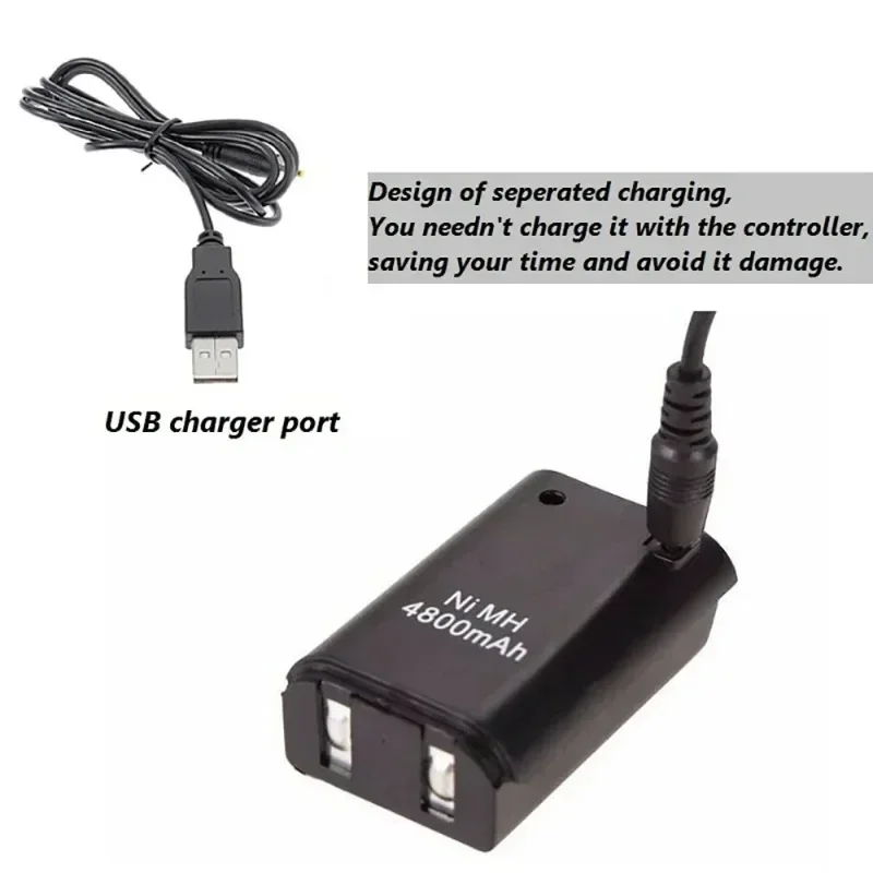 4800mAh Rechargeable NI-MH Battery Pack Black for Xbox 360 Wireless Game Controller Gamepads with USB Charging Cable