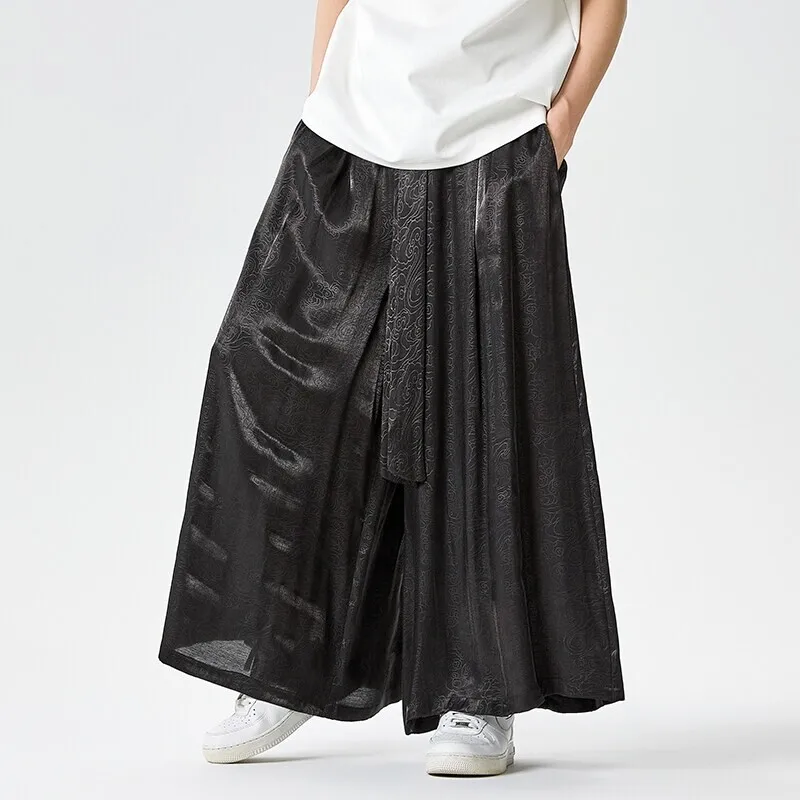 

Прямые брюки в китайском стиле, ретро атласная поверхность, широкие брюки с цветочным принтом, мужские повседневные брюки свободного покроя, удобные дышащие брюки