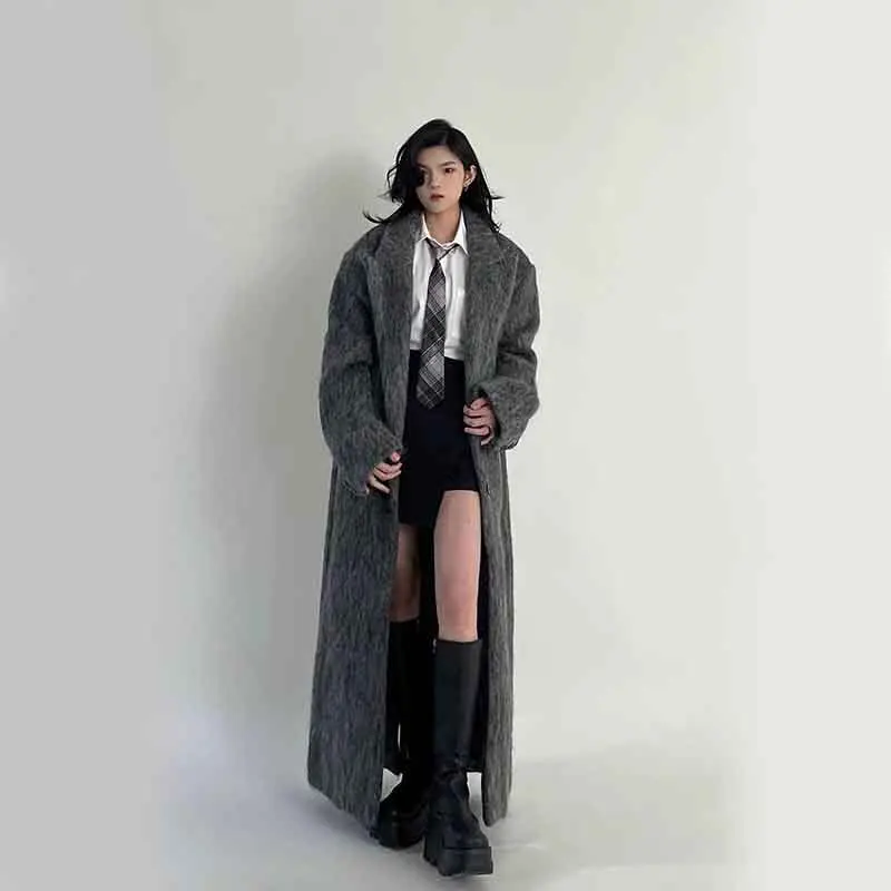 Autumn Korean Women Faux Woolen Coats Y2K Fashion Winter Solid Thicken Long Jacket Female Loose All Match Fluffy Blends Outwear