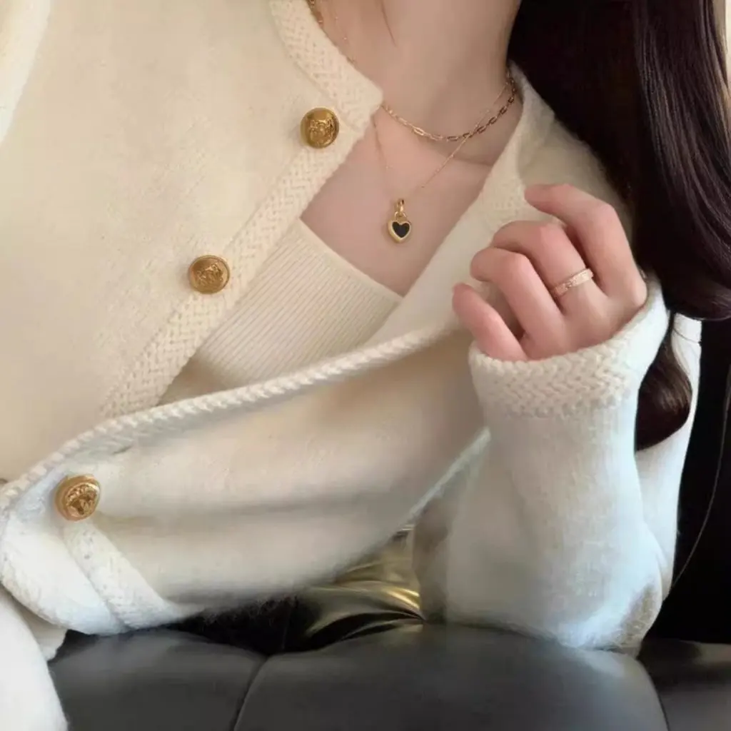 

Women's Elegant Mahair Knitted Cardigan Early Autumn New Style High-grade Sweater Coat Top Outerwear