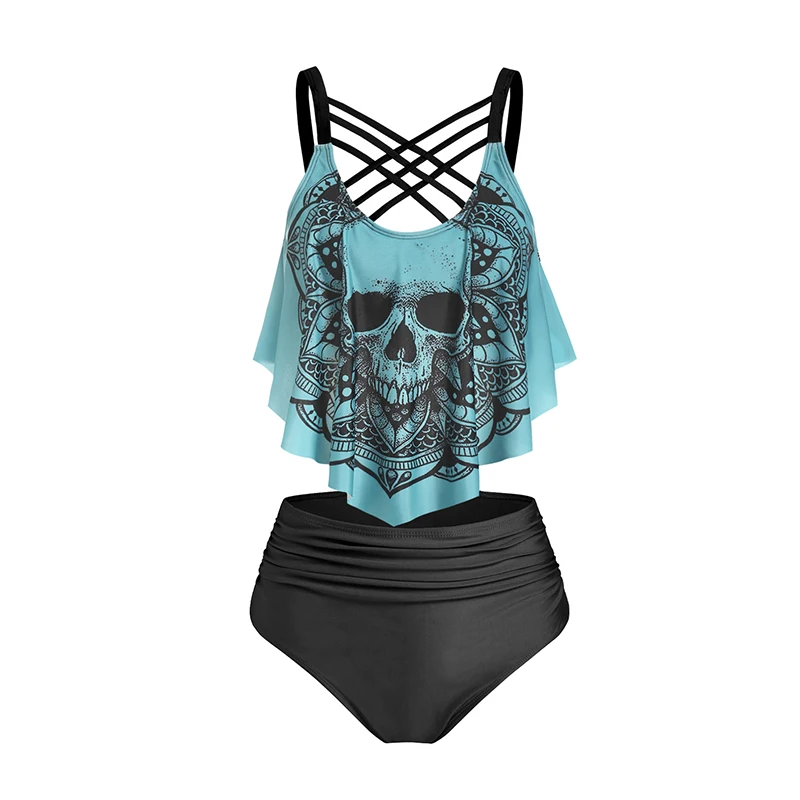 

High Waist Modest Swimwear Two Piece Bathing Suit Floral Skull Print Flounce Tankini Ethnic Style Ruffle Bikinis Set For Women