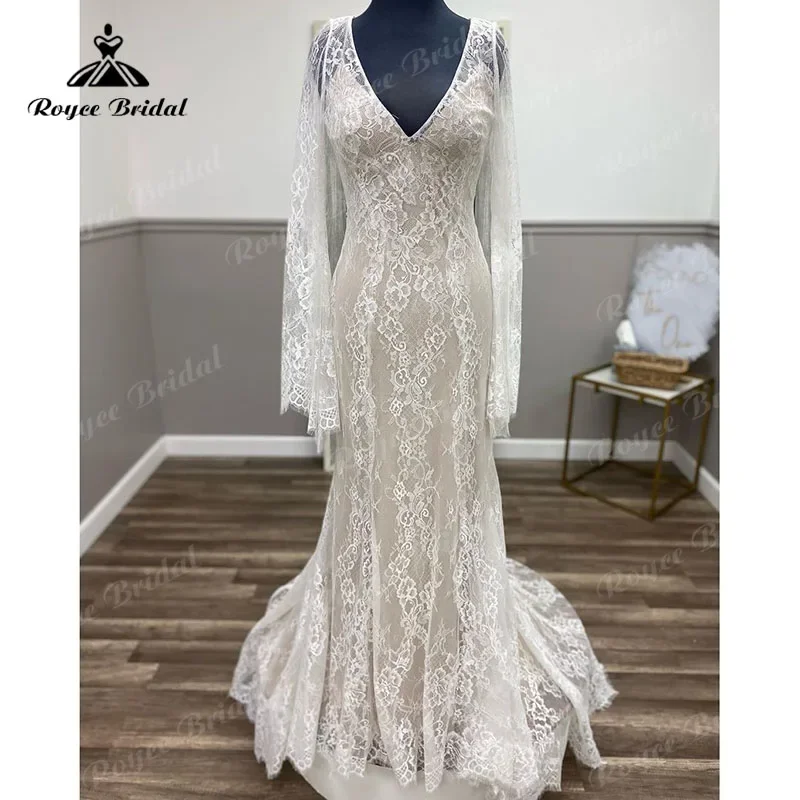 Koronkowy tren z długim rękawem, dekolt w szpic, syrenka/trąbka, suknia ślubna Boho, 2025 plaża Vestido cywilna letnia szata mariée sirene seksowna