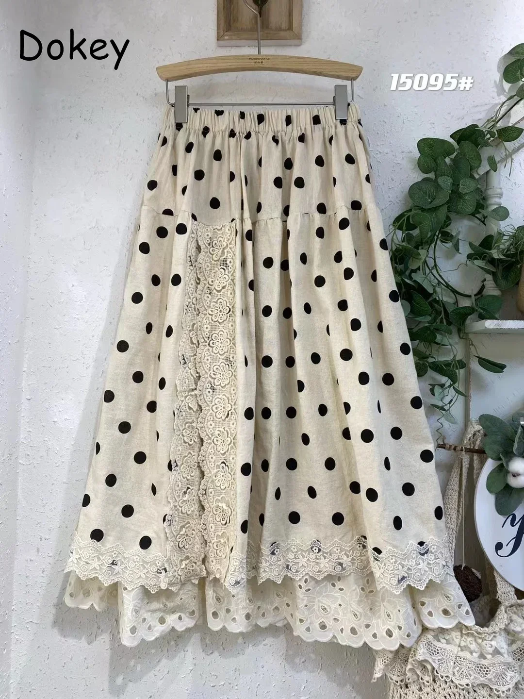 Vintage Lace Dot Cotton Linen Skirt Women Spring Japanese Mori Girl Double Layer Elastic Waist Loose Pleated A-line Midi Skirt