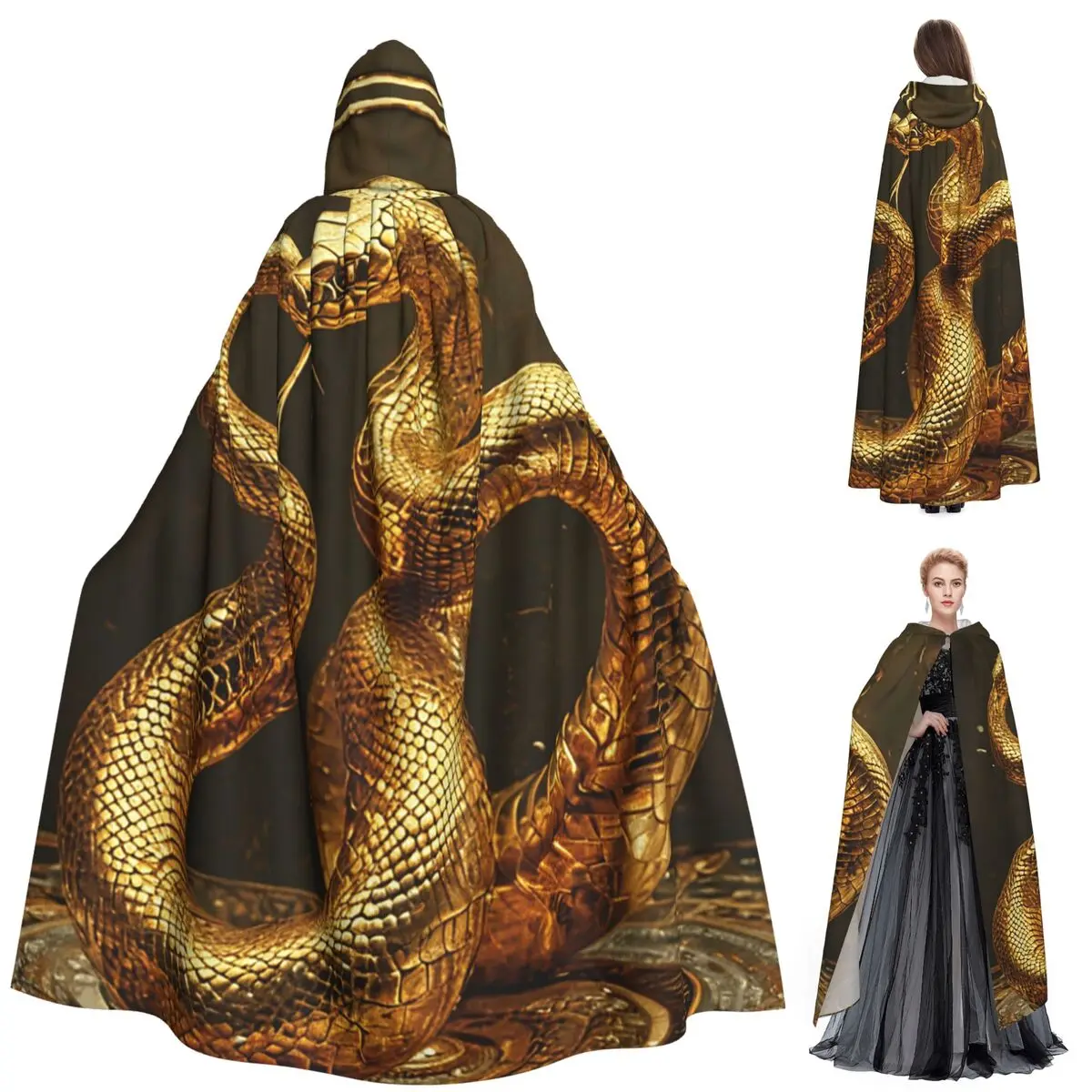 الذهب مخيف الأفعى طويلة مقنعين عباءة الساحرة القرون الوسطى زي تأثيري كيب هالوين مصاص دماء الكبار للجنسين
