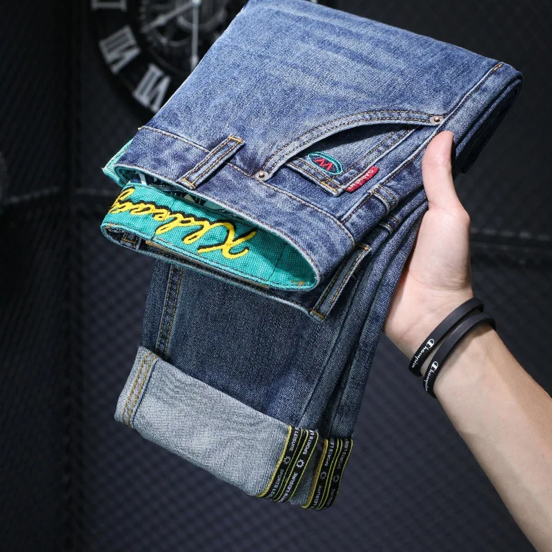 2024 Spring New Men's Jeans Trend All-Matching Fashion Casual Washed Blue Embroidered Slim Straight-Leg Pants