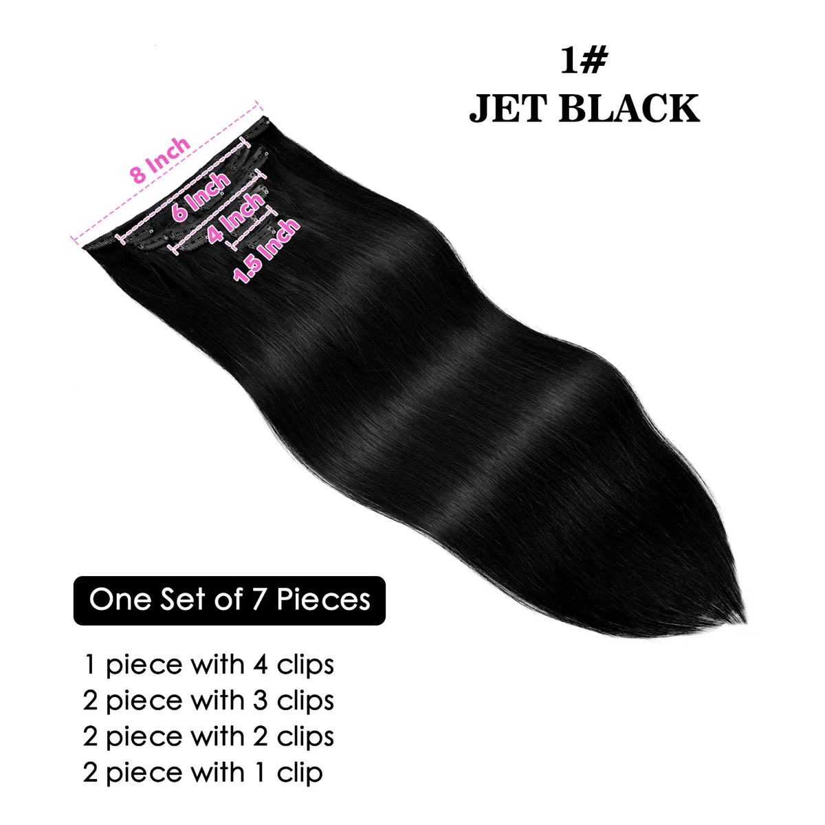 Ekstensi Rambut Asli Jet Black Straight Clips 7Pcs Clip Ins Rambut Remy Asli untuk Wanita Menambah Panjang & Volume Rambut
