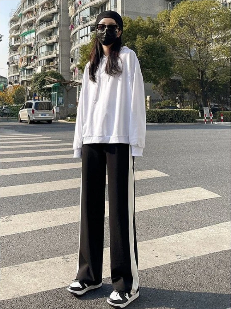 Womens High Waist Black Spliced Wide Leg Sweatpants 2026 Loose Slimming Casual Joggers Spring Fall Chic