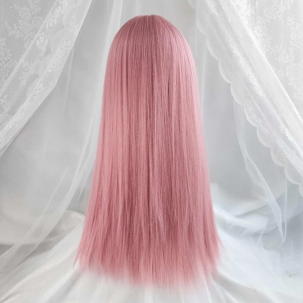 OLACARE Cosplay Wig With Bangs Synthetic Straight Hair 24 Inch Long Heat-Resistant Pink LM Wig For Women