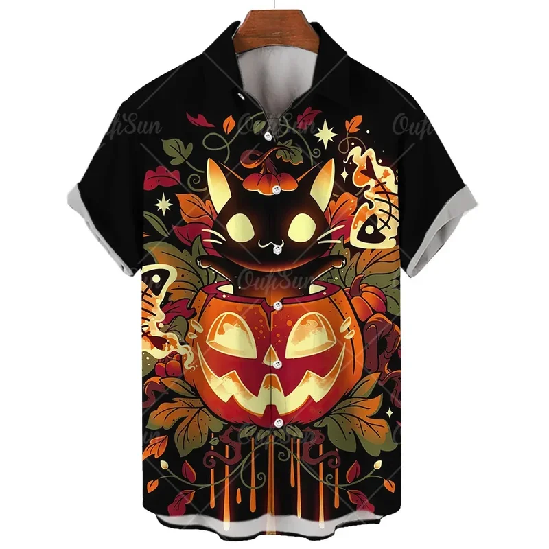 Halloween Shirt For Men Fashion Short Sleeve Tops Little Devil Print Hawaiian Shirts Casual Beach Travel Oversized Men'S Clothes