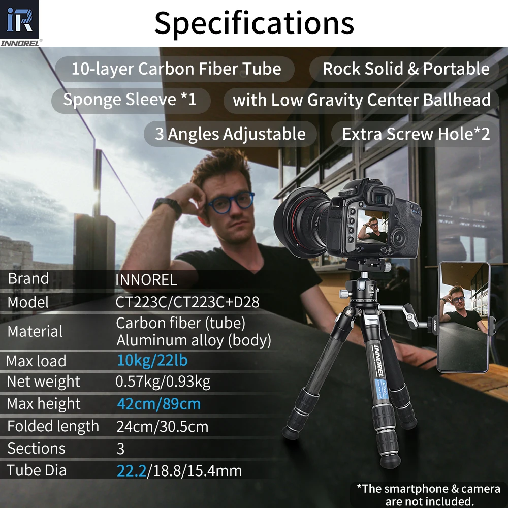 INNOREL CT223C 10-warstwowy Mini statyw z włókna węglowego, kompaktowy przenośny statyw biurkowy do cyfrowego DSLR, wideo DV, obciążenie 10kg