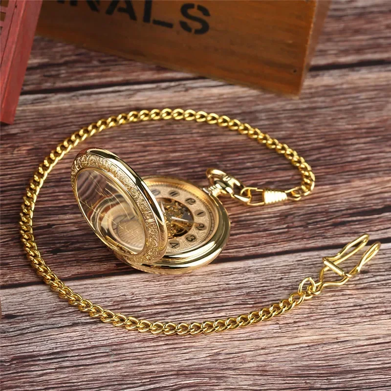 Luxury Golden Skeleton Hand-Wind Mechanical Pocket Watch for Men Women Fob Pendant Chain Clock with Arabic Number Display