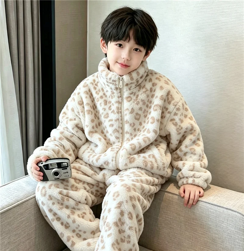 Girls Fleece Pajamas Sets Winter Thickened Warm Double-sided Clothes Suits Children Padded Leopard Print Outfits 5-14 Years