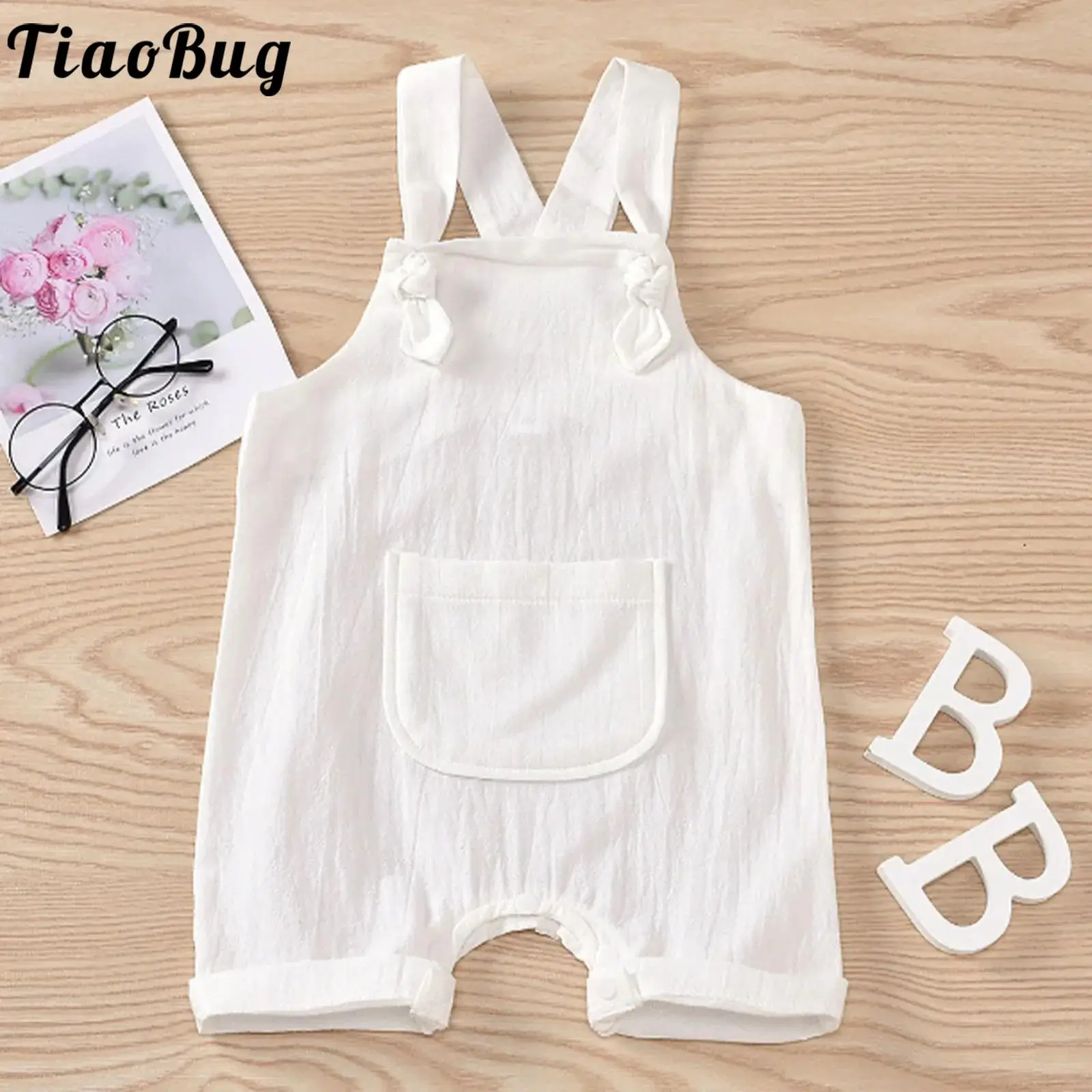 

Baby Boys Girls Summer Cotton Rompers Solid Color Overalls Pocket Press Button Suspender Shorts Children Clothes Daily Wear