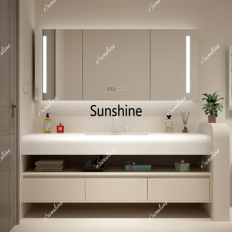 YYBathroom Furniture Cream-Colored Imported Corian Integrated Bathroom Vanity Unit with Robot Vacuum Cleaner Washbasin Toilet Si