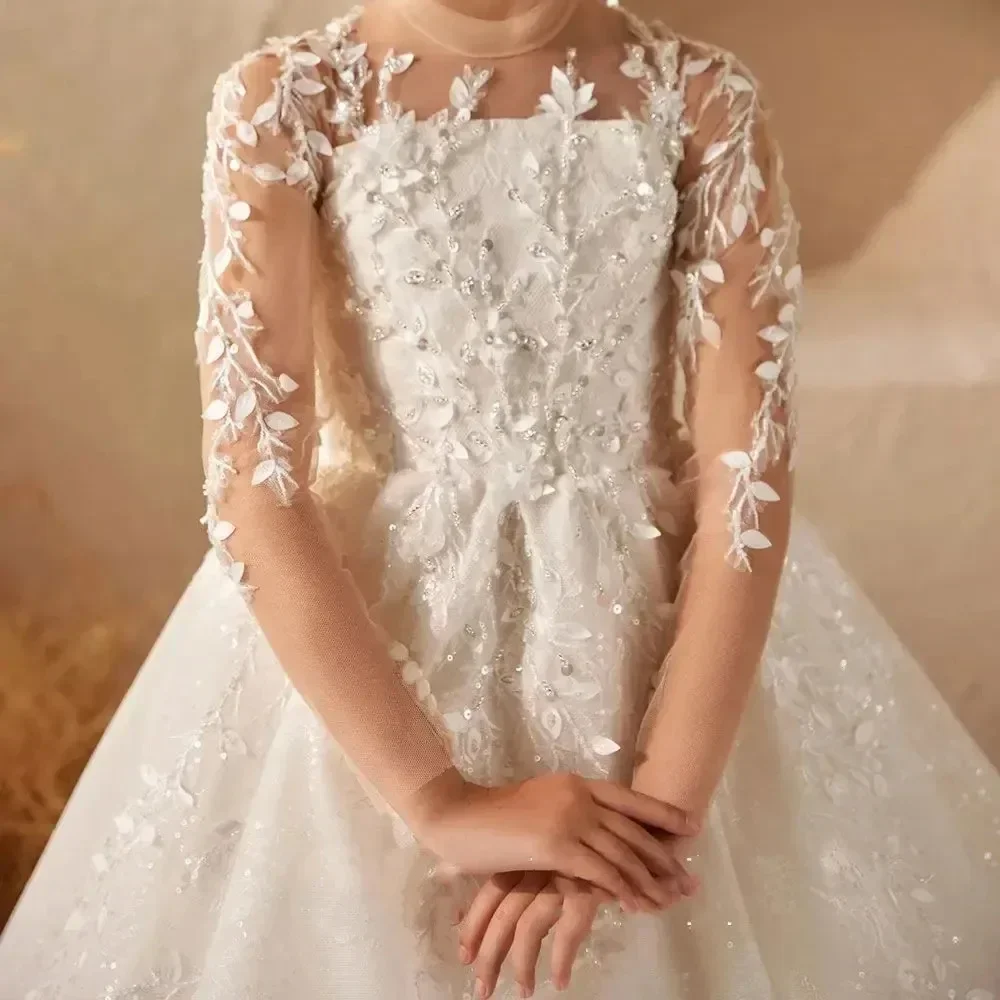 Customized White Flower Girl Dresses Pageant Gown for Wedding Lace Appliques Princess Birthday Party First Communion Gown