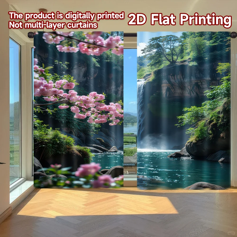 

2D flat printing 2pcs Curtain Cherry Blossoms and Waterfall Digital Printed Polyester Drapes Birthday Party Use for Holiday