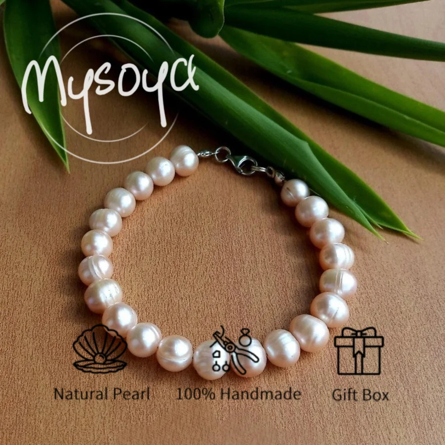 

MYSOYA 8-9 мм натуральный розовый пресноводный жемчуг браслет с подарочной коробкой браслет для женщин и мужчин идеальный подарок на день рождения и свадьбу