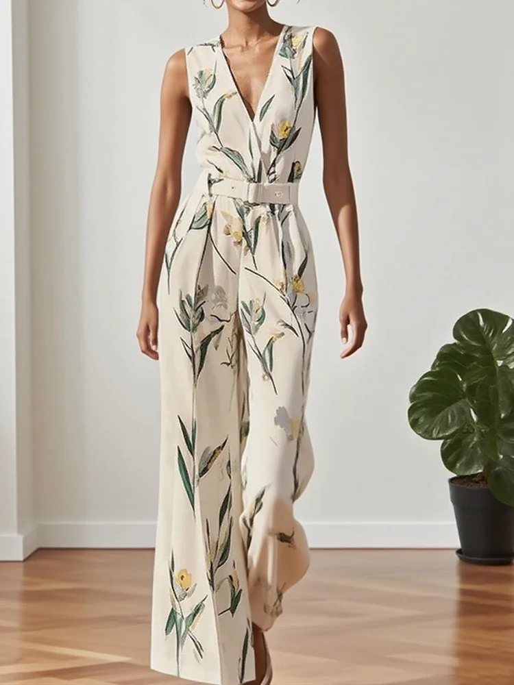 

Floral Print Jumpsuit Women Y2k Wide Leg Jumpsuits Elegant Sleeveless Fashion V-Neck Straight Party Overalls Romper