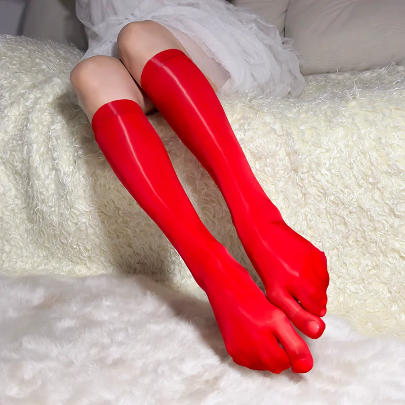 Five Toes Finger Socks Women Oil Shiny Glossy Stockings Short Tube Socks Smooth Transparent Lingerie Split Over Knee Stockings